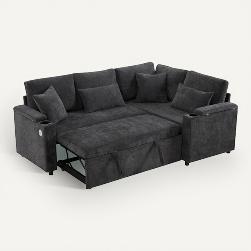 Canapé D'angle Convertible 4 Places En Chenille Avec Rangement, Porte-gobelet Et Prise USB
