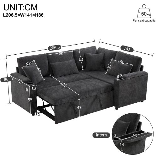 Canapé D'angle Convertible 4 Places En Chenille Avec Rangement, Porte-gobelet Et Prise USB