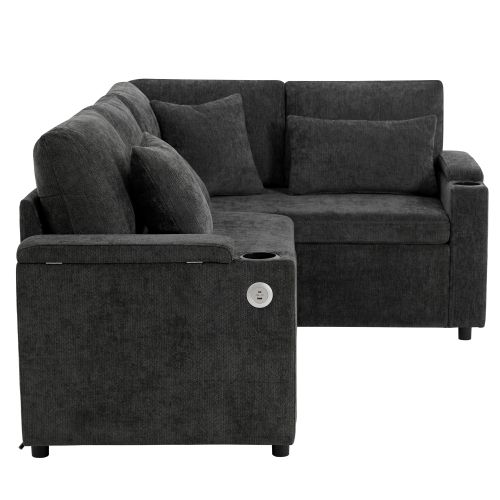 Canapé D'angle Convertible 4 Places En Chenille Avec Rangement, Porte-gobelet Et Prise USB