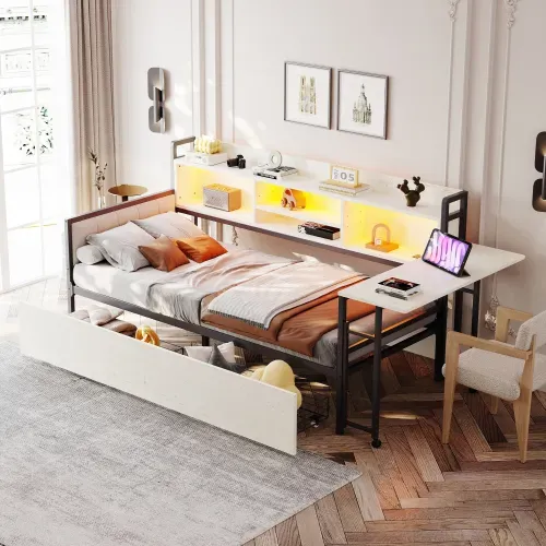 Lit Enfant 90x200 Cm, Avec Tiroirs Et Bureau Escamotable, En Métal, Blanc