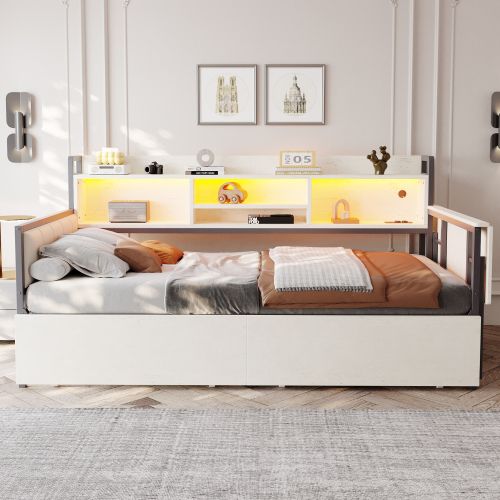 Lit Enfant 90x200 Cm, Avec Tiroirs Et Bureau Escamotable, En Métal, Blanc