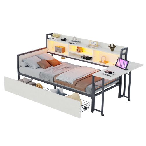 Lit Enfant 90x200 Cm, Avec Tiroirs Et Bureau Escamotable, En Métal, Blanc