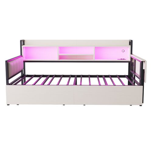 Lit Enfant 90x200 Cm, Avec Tiroirs Et Bureau Escamotable, En Métal, Blanc