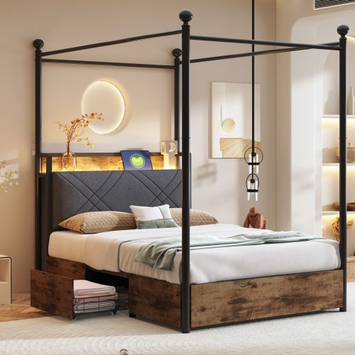 Lit enfant 90x190 Cm Avec 2 Tiroirs, Baldaquin Amovible Et Ports USB Et Type-c, En Métal, Noir