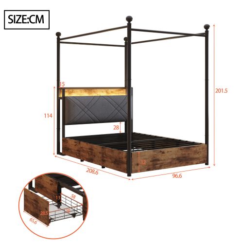 Lit enfant 90x190 Cm Avec 2 Tiroirs, Baldaquin Amovible Et Ports USB Et Type-c, En Métal, Noir