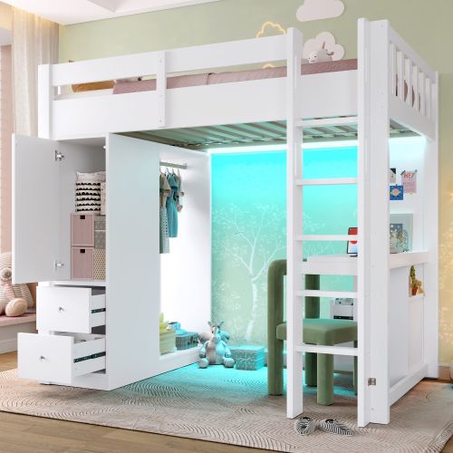 Lit Mezzanine 90x200 Cm Avec 2 Tirors, Bureau Et Rangements, En Bois, Blanc