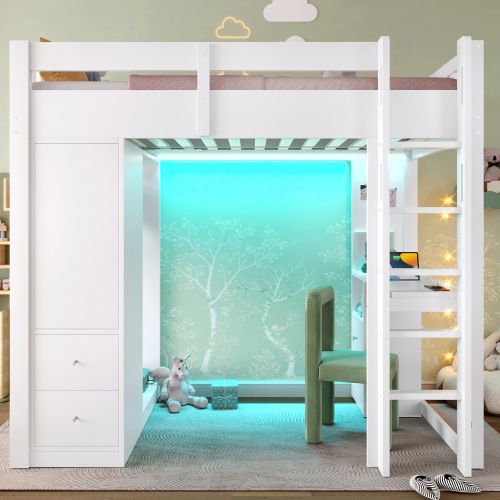 Lit Mezzanine 90x200 Cm Avec 2 Tirors, Bureau Et Rangements, En Bois, Blanc