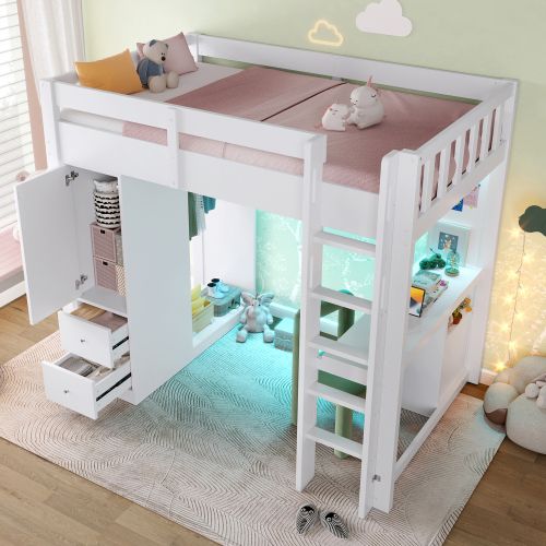 Lit Mezzanine 90x200 Cm Avec 2 Tirors, Bureau Et Rangements, En Bois, Blanc