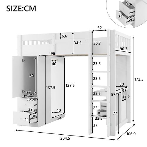 Lit Mezzanine 90x200 Cm Avec 2 Tirors, Bureau Et Rangements, En Bois, Blanc