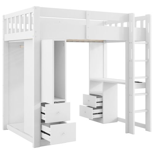 Lit Mezzanine 90x200 Cm Avec 2 Tirors, Bureau Et Rangements, En Bois, Blanc