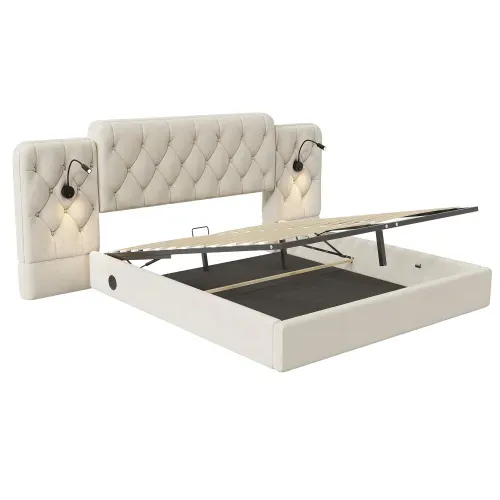 Lit Coffre 180x200 Cm, Avec Tête De Lit Prolongée, En Velours, Beige