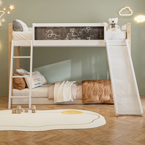 Lit Superposé 90x200 Cm Avec Toboggan Et Escalier, Barrières De Sécurité, En Bois, Blanc