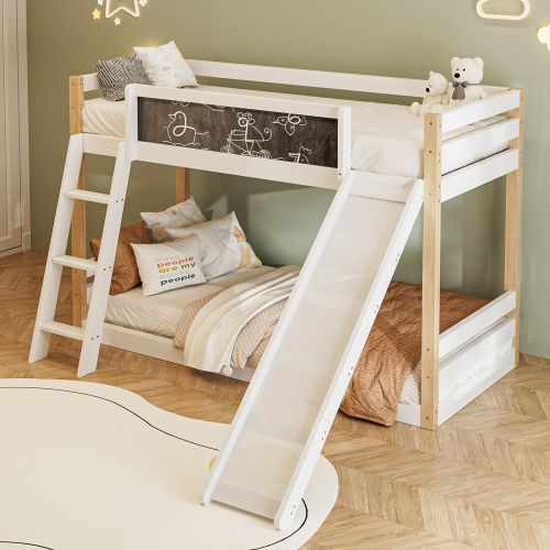 Lit Superposé 90x200 Cm Avec Toboggan Et Escalier, Barrières De Sécurité, En Bois, Blanc