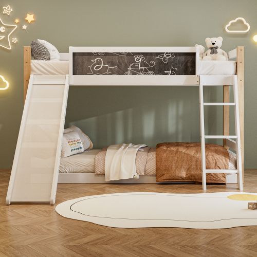 Lit Superposé 90x200 Cm Avec Toboggan Et Escalier, Barrières De Sécurité, En Bois, Blanc