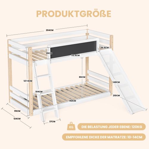 Lit Superposé 90x200 Cm Avec Toboggan Et Escalier, Barrières De Sécurité, En Bois, Blanc