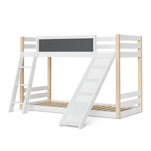 Lit Superposé 90x200 Cm Avec Toboggan Et Escalier, Barrières De Sécurité, En Bois, Blanc