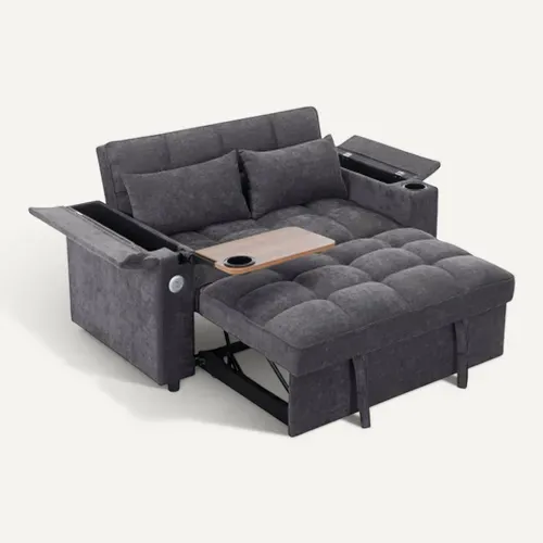 Canapé Convertible 2 Places Avec Dossier Réglable, Port USB Et Table Cachée