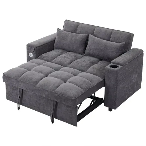 Canapé Convertible 2 Places Avec Dossier Réglable, Port USB Et Table Cachée