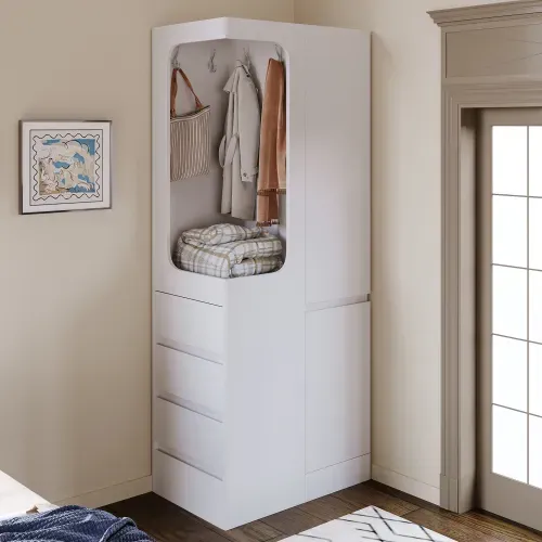 Armoire à Une Porte 70 X 40 X 170 Cm, 4 Tiroirs, Espace Penderie Ouvert, Blanc