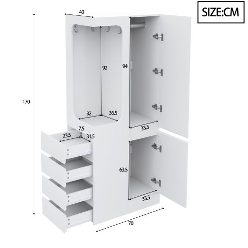 Armoire à Une Porte 70 X 40 X 170 Cm, 4 Tiroirs, Espace Penderie Ouvert, Blanc