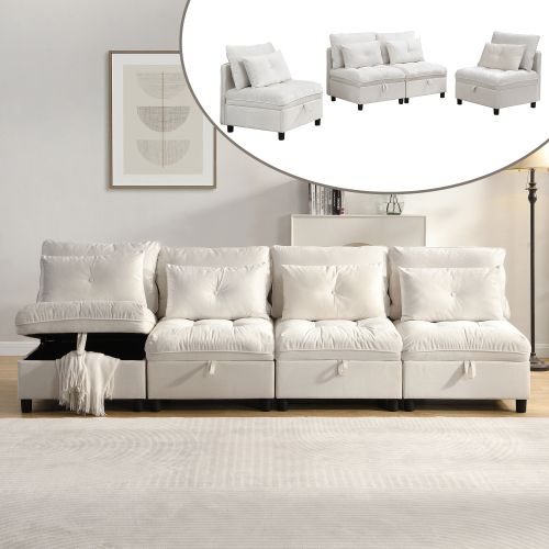Canapé Convertible Modulaire 4 Places Avec Rangement Sous Assise En Chenille