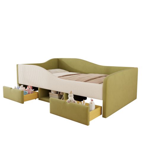 Lit Enfant 90x190 Cm, Avec 2 Tiroirs Et Lattes, Tête De Lit Rembourrée, En Velours, Vert Et Ivoire
