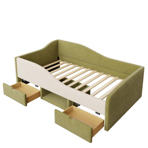 Lit Enfant 90x190 Cm, Avec 2 Tiroirs Et Lattes, Tête De Lit Rembourrée, En Velours, Vert Et Ivoire