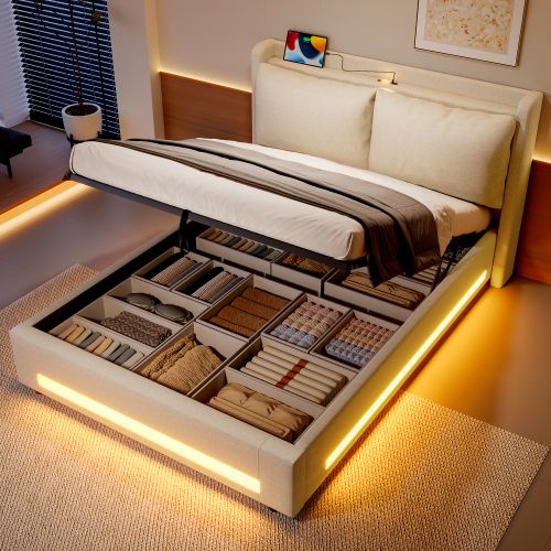 Lit Coffre 140x190 Cm Avec Tête De Lit LED, Oreillers Amovibles, Port USB, En Lin, Beige