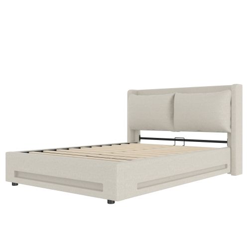 Lit Coffre 140x190 Cm Avec Tête De Lit LED, Oreillers Amovibles, Port USB, En Lin, Beige
