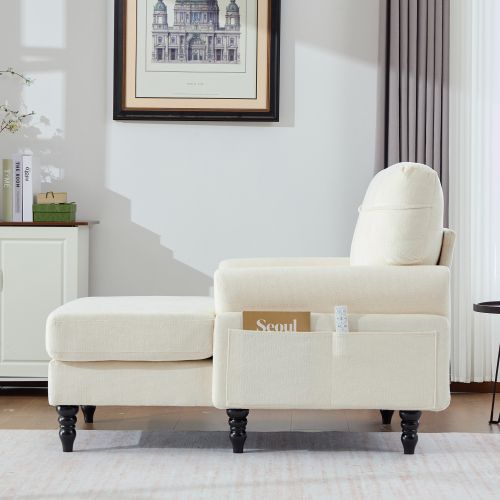 Fauteuil Large En Chenille Beige Avec Accoudoirs Et Poches Latérales