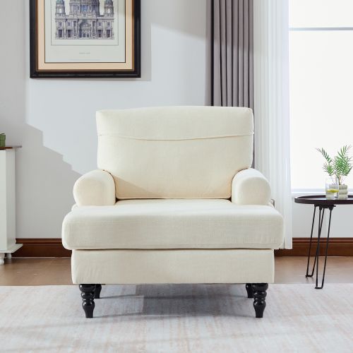 Fauteuil Large En Chenille Beige Avec Accoudoirs Et Poches Latérales