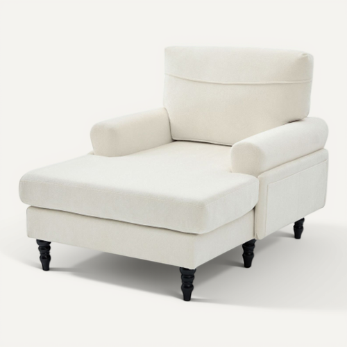 Fauteuil Large En Chenille Beige Avec Accoudoirs Et Poches Latérales