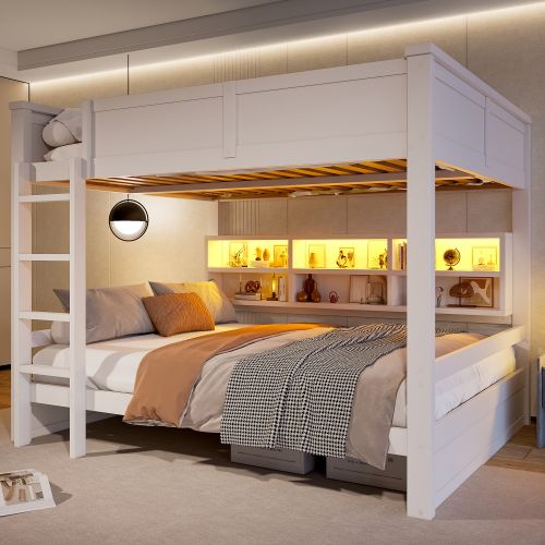 Lit Superposé 160x200 Cm Avec Lattes Et Rangements, LED, En Bois, Blanc