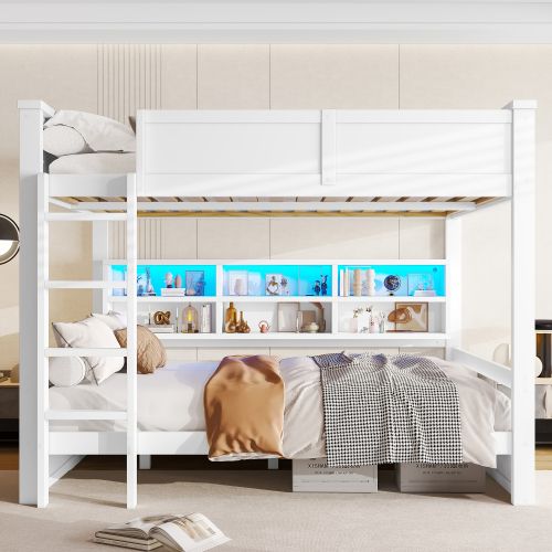 Lit Superposé 160x200 Cm Avec Lattes Et Rangements, LED, En Bois, Blanc