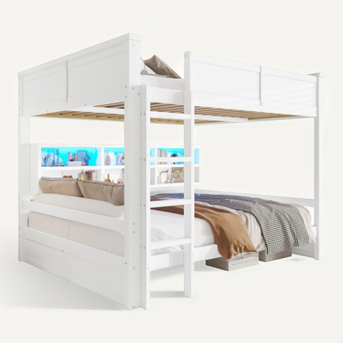 Lit Superposé 160x200 Cm Avec Lattes Et Rangements, LED, En Bois, Blanc