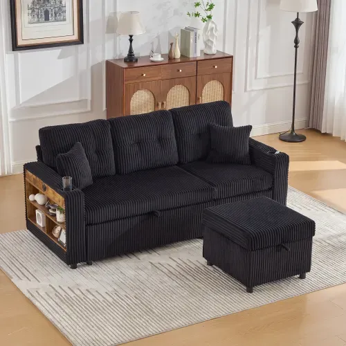 Canapé Convertible En Velours Côtelé Noir Avec Rangement, Éclairage LED Et Port USB‑c
