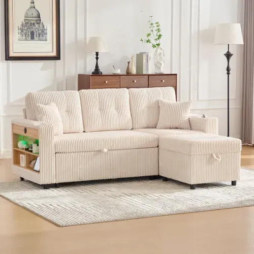 Canapé Convertible 3 Places En Velours Côtelé Beige Avec Rangement Et Port USB-c