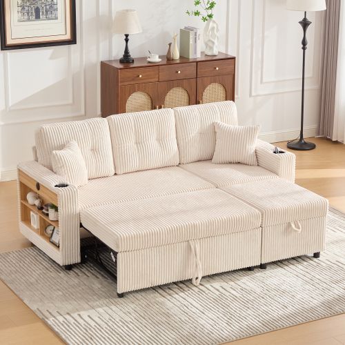 Canapé Convertible 3 Places En Velours Côtelé Beige Avec Rangement Et Port USB-c