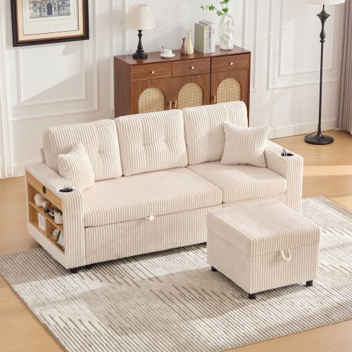 Canapé Convertible 3 Places En Velours Côtelé Beige Avec Rangement Et Port USB-c