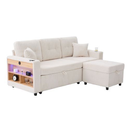 Canapé Convertible 3 Places En Velours Côtelé Beige Avec Rangement Et Port USB-c