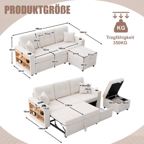 Canapé Convertible 3 Places En Velours Côtelé Beige Avec Rangement Et Port USB-c
