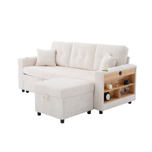 Canapé Convertible 3 Places En Velours Côtelé Beige Avec Rangement Et Port USB-c