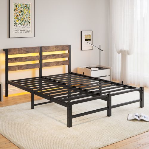 Lit Adulte 140x190 Cm Avec LED, Avec Ports USB Et Type-c, Lit En Métal, Noir Et Marron