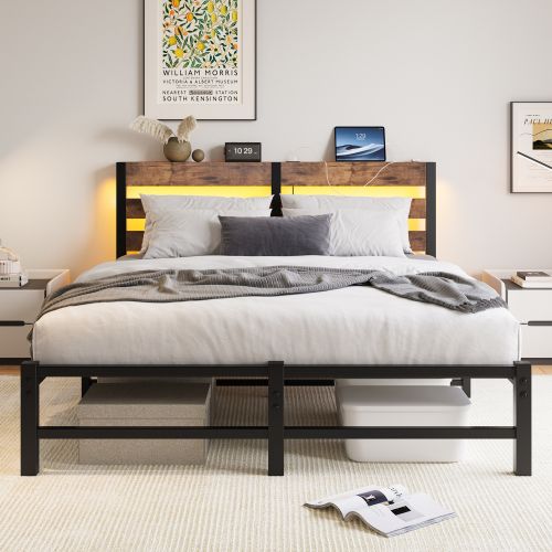 Lit Adulte 140x190 Cm Avec LED, Avec Ports USB Et Type-c, Lit En Métal, Noir Et Marron