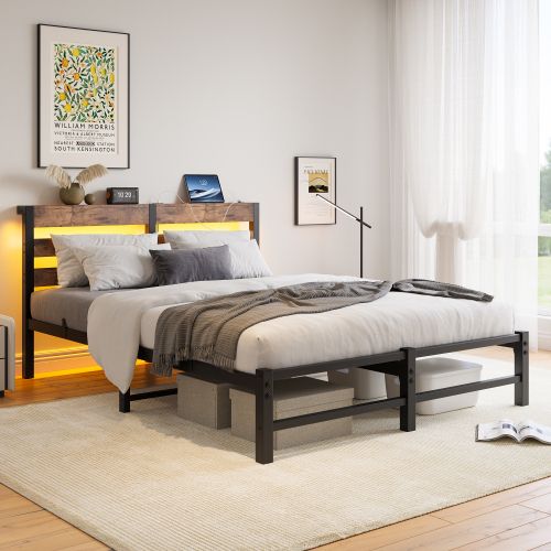 Lit Adulte 140x190 Cm Avec LED, Avec Ports USB Et Type-c, Lit En Métal, Noir Et Marron