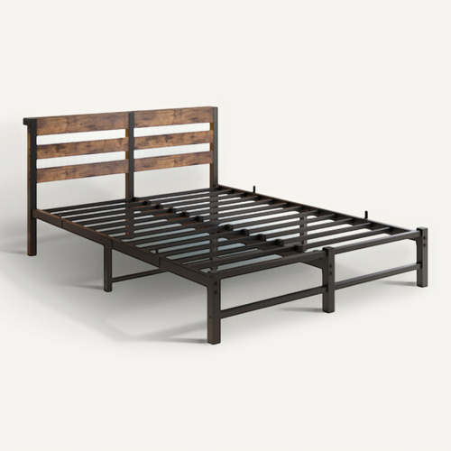 Lit Adulte 140x190 Cm Avec LED, Avec Ports USB Et Type-c, Lit En Métal, Noir Et Marron