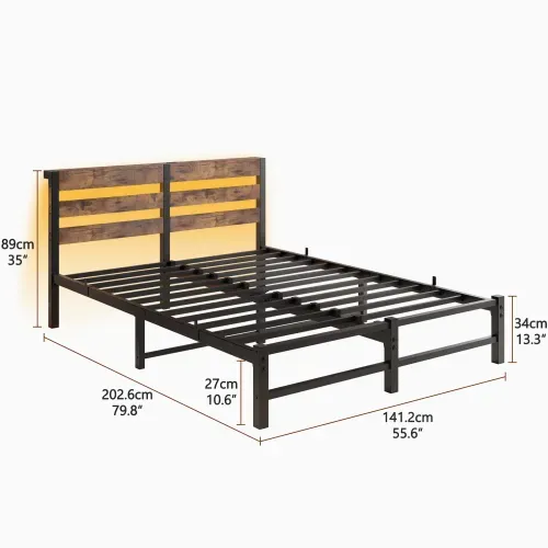 Lit Adulte 140x190 Cm Avec LED, Avec Ports USB Et Type-c, Lit En Métal, Noir Et Marron