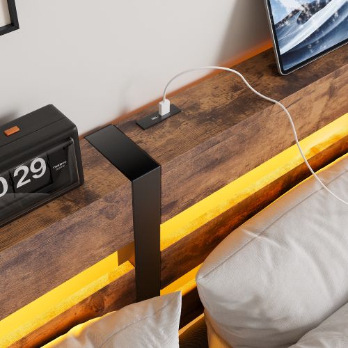 Lit Adulte 140x190 Cm Avec LED, Avec Ports USB Et Type-c, Lit En Métal, Noir Et Marron