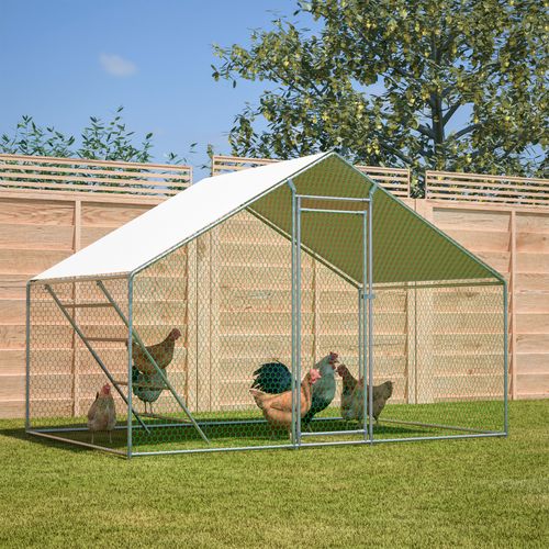 Enclos Poulailler 3x2x2 M Avec Échelle, Serrure, Bâche Pe Anti-uv, Acier Galvanisé Gris