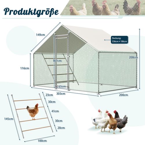 Enclos Poulailler 3x2x2 M Avec Échelle, Serrure, Bâche Pe Anti-uv, Acier Galvanisé Gris